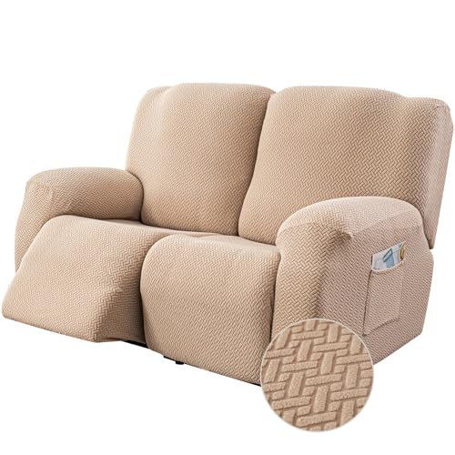 Image of Genina Recliner Loveseat Cover Stretch Couch Covers Sofa slipcover for 2 Seat Reclining Couch Thick Jacquard Furniture Protector (Khaki)