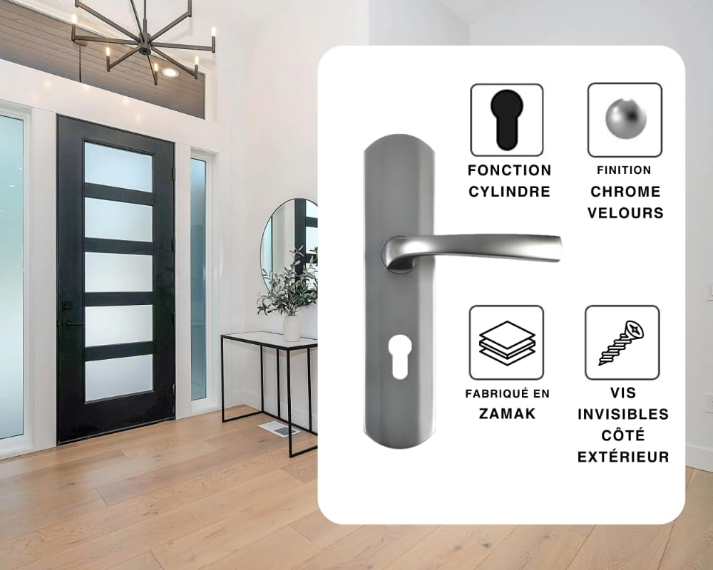 Vachette MUZE -Poignée de porte blindée sur Plaque pour porte d'Entréee - Version Clé I - Entraxe 195 mm - Matériau Zamak Résistant - Finition Chrome Velours - Garantie 10 Ans