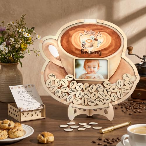 Image of Wenqik 63 Pcs a Baby is Brewing Coffee Baby Shower Guest Book Alternatives Set Shower Decorations with Photo Frame Sonogram Frame Keepsake 60 Wood Slices Guest Book for Birthday