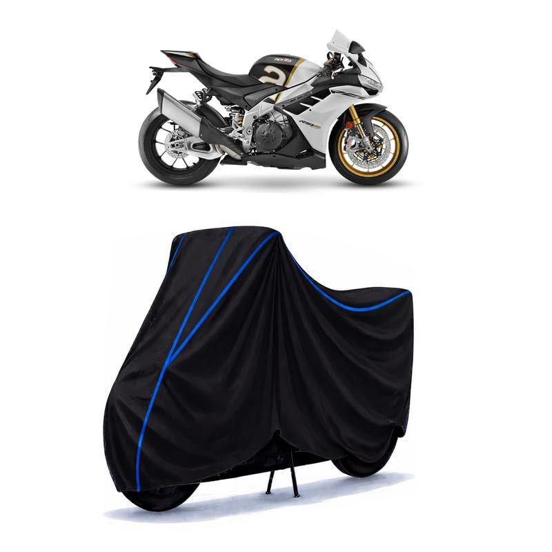 Image of RSV4 Bike Cover Water Resistant Universal Motorcycle Rain | Heavy Duty UV Protection, Dust, Scratch Indoor Outdoor All Weather with Black Blue Piping Elastic