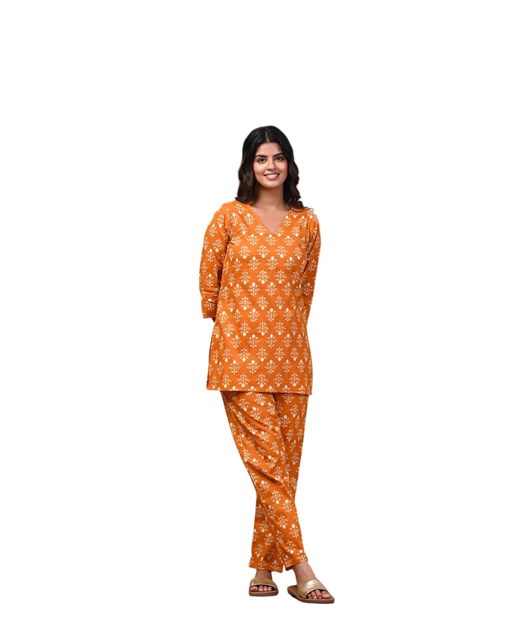 Orange Floral Block Print Cotton Night Suit-image-15