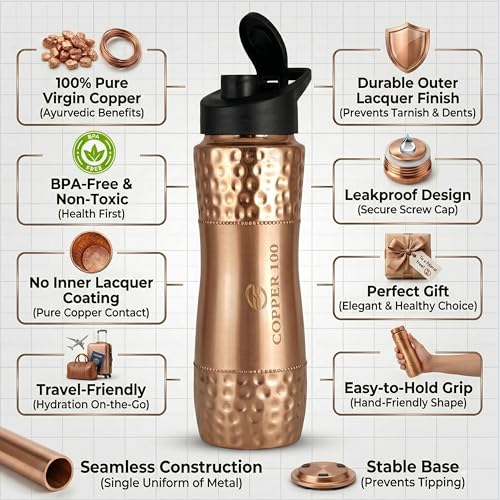 Image of VIRGIN Foodgrade 99.9% Pure Copper Water Bottle- Leakproof, Joint Free, No Lead, BPA-Free - Ayurvedic Health Benefits- Made in India - Spout Mouth (NO Straw) Hammered Glossy Finish (950 mL)