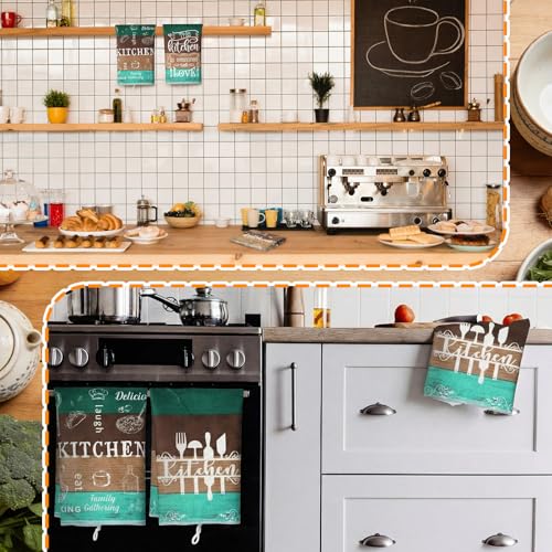 Image of Bencailor 6 Pcs Green Farmhouse Kitchen Towels Decorative Sets Dish Towels Absorbent Fast Drying Hand Tea Vintage Hanging Reusable Cleaning Dishcloths for Cooking Farmhouse Bathroom Accessory