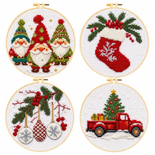 Image of Zhenqing 11CT Stamped Cross Stitch Kit for Adults Beginners, Hand Embroidery Christmas Ornaments with Hoops and Instructions - Four-Piece Stocking Set (68448)