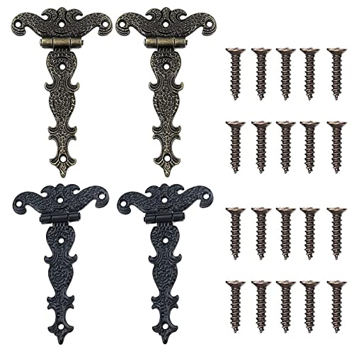 WiDream 2Pcs Retro Bronze Scharniere 2Pcs Retro Black Scharniere, Rustikalen Tür Scharniere, Möbelbänder Antik, Vintage T-Scharnier mit Schrauben für Schrank Schublade Tür BüCherregal Holzkasten Cover