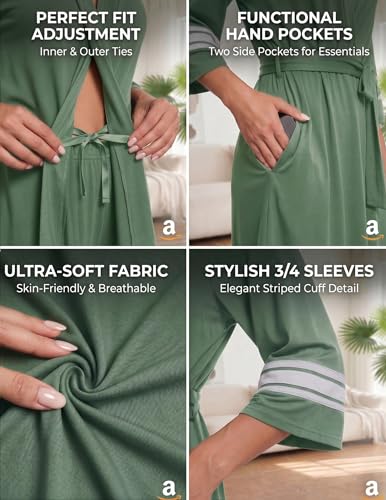 Image of Ekouaer Womens Robe Lightweight 3 /4 Sleeve Bathrobe Soft Short Knit Sleepwear with Pockets