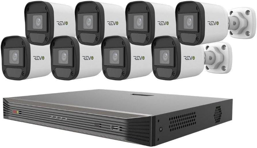 REVO America Ultra 16 Channel NVR and 8 4MP IP Bullet Cameras, ready for installation.