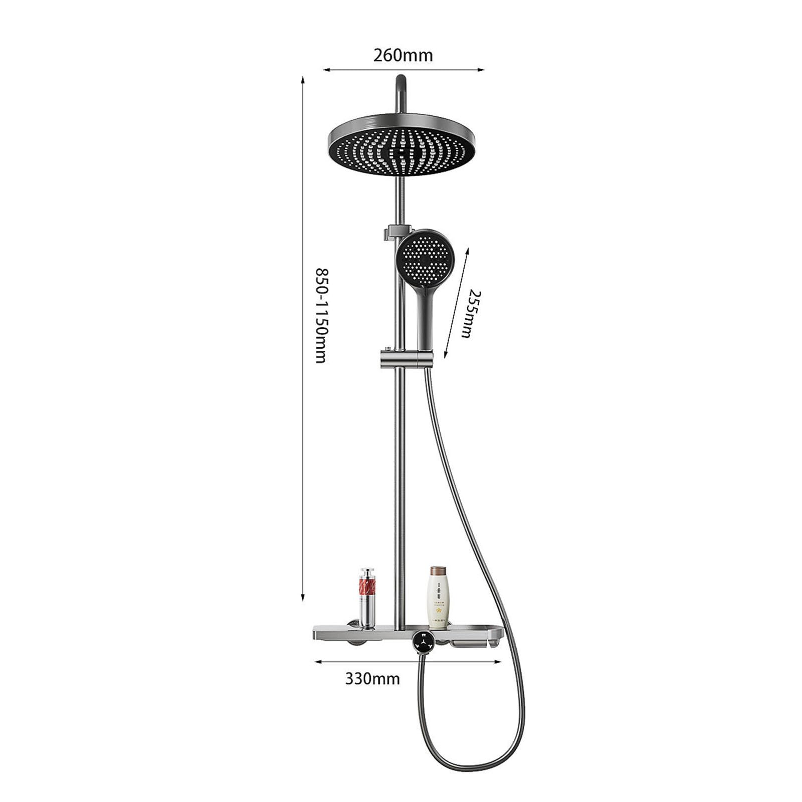 Colonna Doccia con Cascata e Soffione Doccia Rotondo Regolabile | Grigio Canna di Fucile Doccetta in Abs Kit Doccia a Muro Moderna Altezza Regolabile