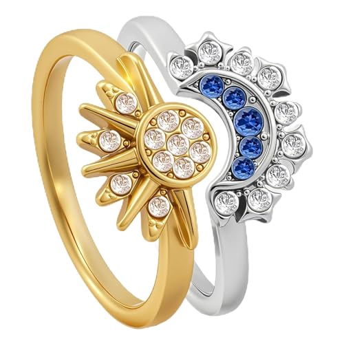 Sun and Moon Rings for Women 14K Gold/Silver Plated Stackable Celestial Rings Adjustable Sun and Moon Set Rings Friendship Promise Ring Prom Jewelry Gift