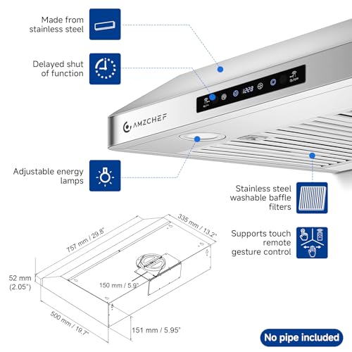 Image of AMZCHEF 30 inch Stainless Steel Under Cabinet Range Hood, 1050 CFM Dual-Fan | Stainless Steel hood with Touch /Remote /Gesture Control, timer, LED lights & dishwasher-safe baffle filters 3 outlets