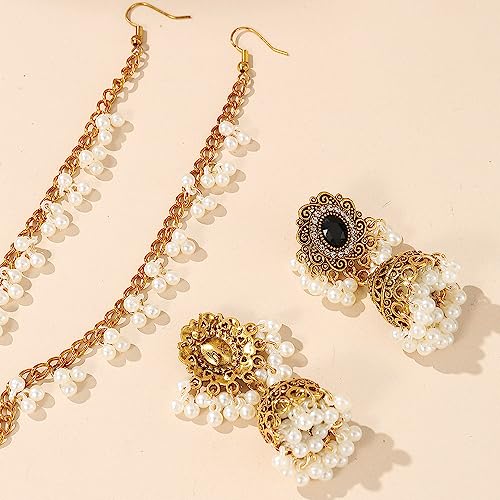 Chargances Indian Jhumka Jhumki Pearl Beaded Dangle Earrings Boho Black Crystal Drop Earrings Fashion Bollywood Stylish Gold Traditional Indian Jewelry for Women(Style 2)3