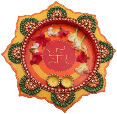 JaipurCrafts Decorative Kundan Studded Star Wooden Pooja & Thali Set (1 Pieces, Multicolor)