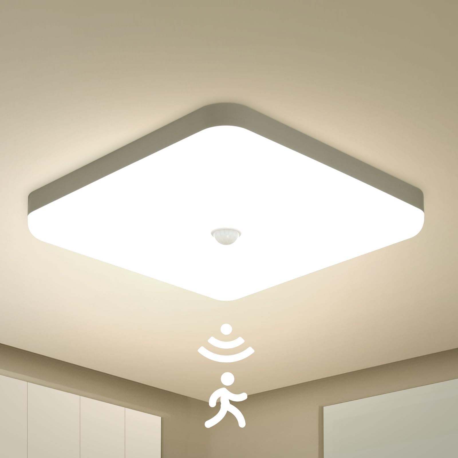 Combuh Square-4000K 30W Led Motion Sensor Ceiling Light Indoor, 25Cm Natural White 4000K, Ip56 Waterproof Lights Fitting With Pir For Porch Hallway Roof Stairway