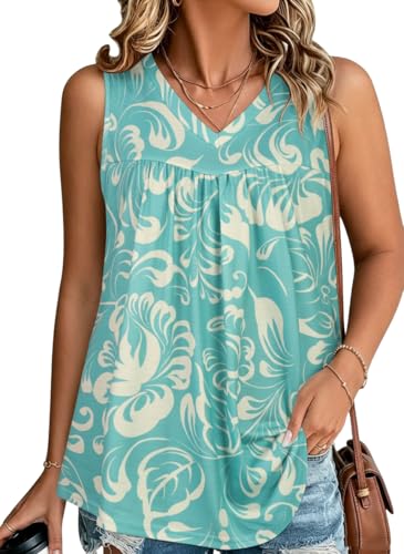rosemia Womens Tank Tops Sleeveless Summer V Neck T Shirts Casual Loose Fit Tunic Blouses 2026, Cyan Flower, L