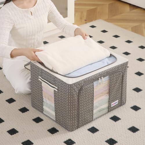 Image of HOKIPO Closet Organizer for Clothes | Multipurpose Storage Box & Organizer | Premium PE-Coated Fabric with Dual Windows | Ideal Saree Cover |66L, Pack of 2 Charcoal Grey (AR-5929-CGRY*2)