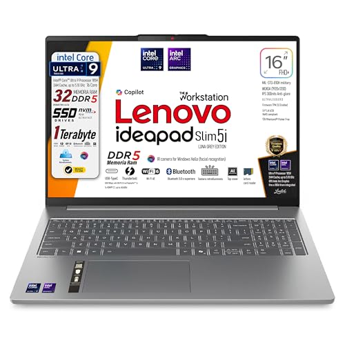 Portatili più veloci Lenovo, Ideapad Slim 5i, Intel Core Ultra9 185H 16Core, DDR5 32Gb, Display WUXGA 16' IPS FHD+, SSD Nvme da 1Tb, Wi-Fi 6, Bt, Web cam, Thunderbolt, Tastiera retroilluminata, Ready to Use