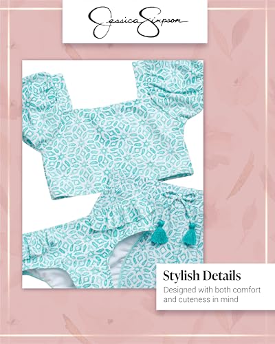 Image of Jessica Simpson Girls Swimsuit Set - 3 Piece Little Girls Bathing Suit with Matching Swim Top, Bikini Bottoms & Swim Shorts