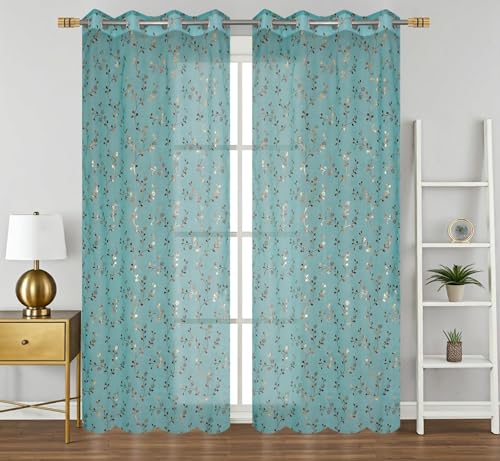 Image of littlelotus Floral Print Tissue Net Sheer Transparent Grommet Curtains for Door 7 feet Long Set of 2, Turquoise