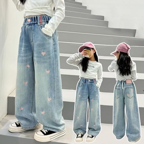 Teens Girls Baggy Y2K Jeans Kids Heart Print Vintage Elastic Wasit Palazzo Denim Pants Little Girl Trendy Wide Leg Trousers2