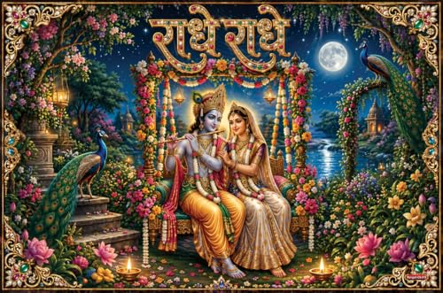 Image of Rangoli Radha Krishna Self Adhesive Poster 18x12 Inch | Radhe Radhe Hindu God Wall Sticker Poster with Peacock & Moonlight Design for Home Temple Pooja Room Living Room Decor