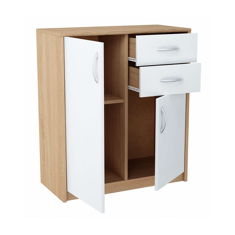 Meblando uniwersalna szafka 74 x 35 x 85 cm, komoda biała i dąb, szafka wielofunkcyjna na akta lub do korytarza, komoda z szufladami o szerokości 74 cm, szafka komodowa
