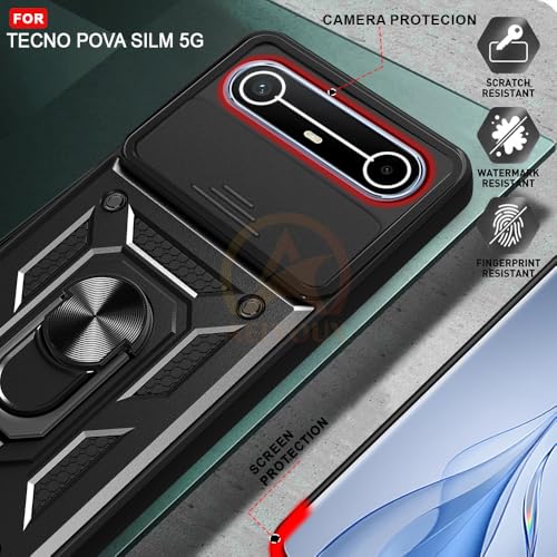 Image of Armor Bumper Back Cover Case for Tecno Pova Slim 5G Rotating Camera Cover, Ring Holder & Kickstand | Heavy Duty & 360 Degree Protection Tecno Pova Slim 5G Back Cover (Black)