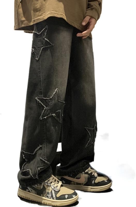 Y2K Vintage Men Korean Blue Streetwear Oversize Star Aesthetic Straight Trousers Wide Leg Jeans Grunge Denim Pants - Image 2
