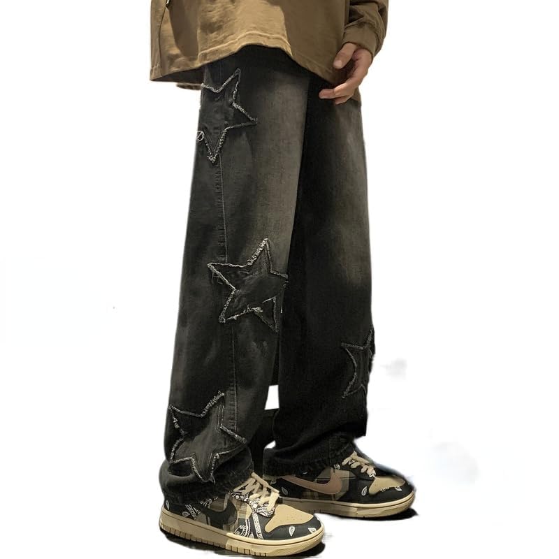 Y2K Vintage Men Korean Blue Streetwear Oversize Star Aesthetic Straight Trousers Wide Leg Jeans Grunge Denim Pants2