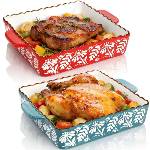 Acshio 2 Pack Ceramic Baking Dish, 9 x 9 inch Porcelain Square Bakeware with Double Handle, Lasagna...