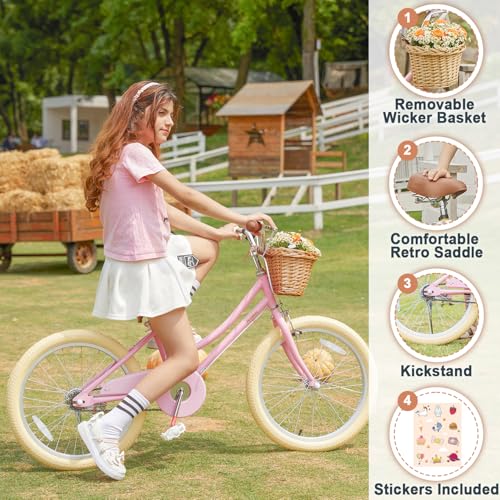 Image of Petimini Vintage Kids Bike for Girls, 12-20 Inch Classic Bicycle with Wicker Basket & Bell, High Tensile Steel Frame, Training Wheels (12-18 inch), 85% Pre-Assembled, Retro Bike for Outdoor Riding
