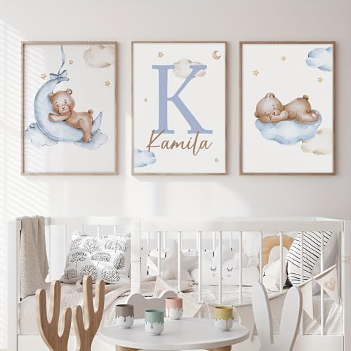 3 Affiche Ours Chambre Bebe 30X40CM Poster Personnalisé Prénom Enfant Tableau Ourson Tableau Decoration Murale Chambre Bébé Garcon Toile Chambre Bebe...