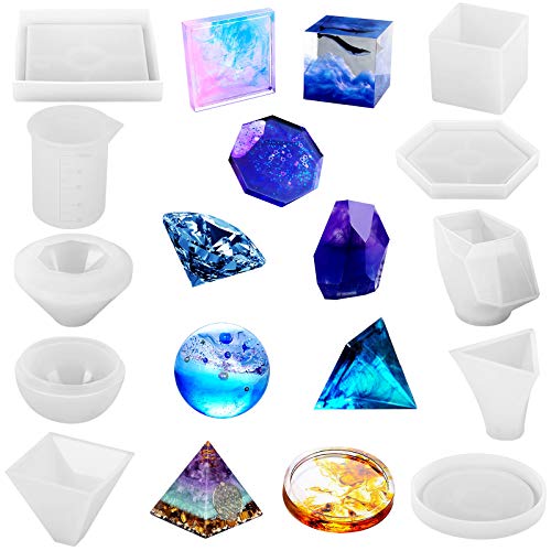 10 Pcs DIY Silicone Resin Casting Molds, 9 Shapes Epoxy Resin Casting Mold with Measurement Cup Include Sphere, Cube, Diamond, Pyramid, Stone, Coaster Shapes, Mixing Cup for DIY Home Decoration