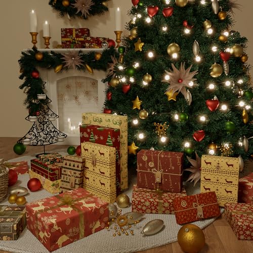 OWill Christmas Wrapping Paper,12 Sheets 50x70cm Recycle Xmas Kraft Paper 12 Christmas Wrapping Paper Designs with 10m Jute String 12 Labels 12 Stickers and a Roll of Tape - Image 5