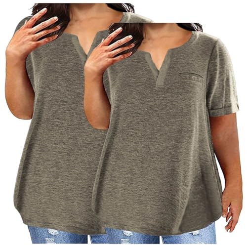Camiseta de manga corta para mujer, 2 piezas, talla grande, casual, cuello en V, blusa tipo túnica, elegante, lisa, holgada, para primavera y verano, camiseta básica para el trabajo diario, café, 5XL