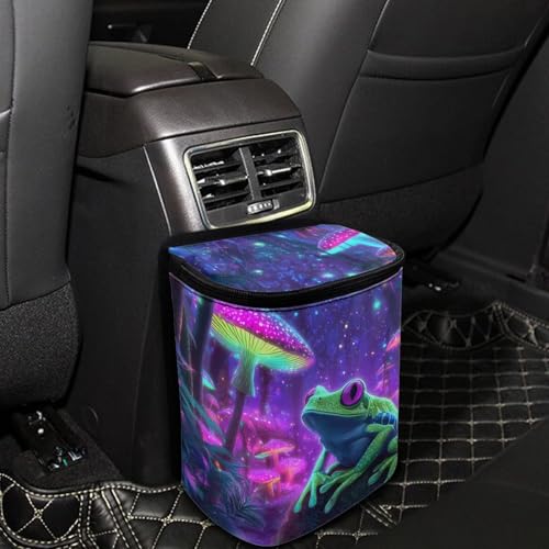 Image of Talayituse Frog Mushroom Galaxy Print Car Trash Can with Lid, Leak Proof Auto Trash Bag Hanging Vehicle Garbage Can Multipurpose Storage Container for Back Seat Road Trip
