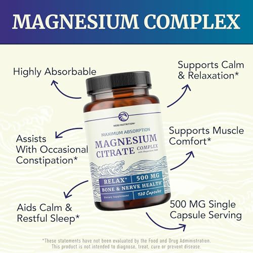 Image of Magnesium Citrate Complex 500 MG, Constipation, Calm & Relaxation Support | High Absorption Magnesium Supplement, Digestion Support, Citrato de Magnesio, Non-GMO & Soy-Free, 120 Mag Citrate Capsules