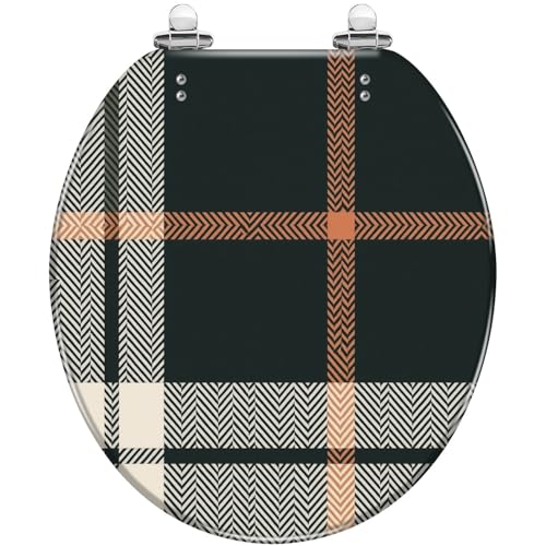 Round Toilet Seat Check black orange beige for autumn winter Seamless herringbone Resin Toilet Seat Quietly Close Quick Release Hinges with Cover Bumpers Decorative Easy to Install Clean