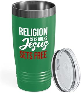 Funny Christian Tumbler 20oz Green -Religion Sets Rules - Church Pastor Minister Preacher Bible Jesus Religious Catholic Believer
