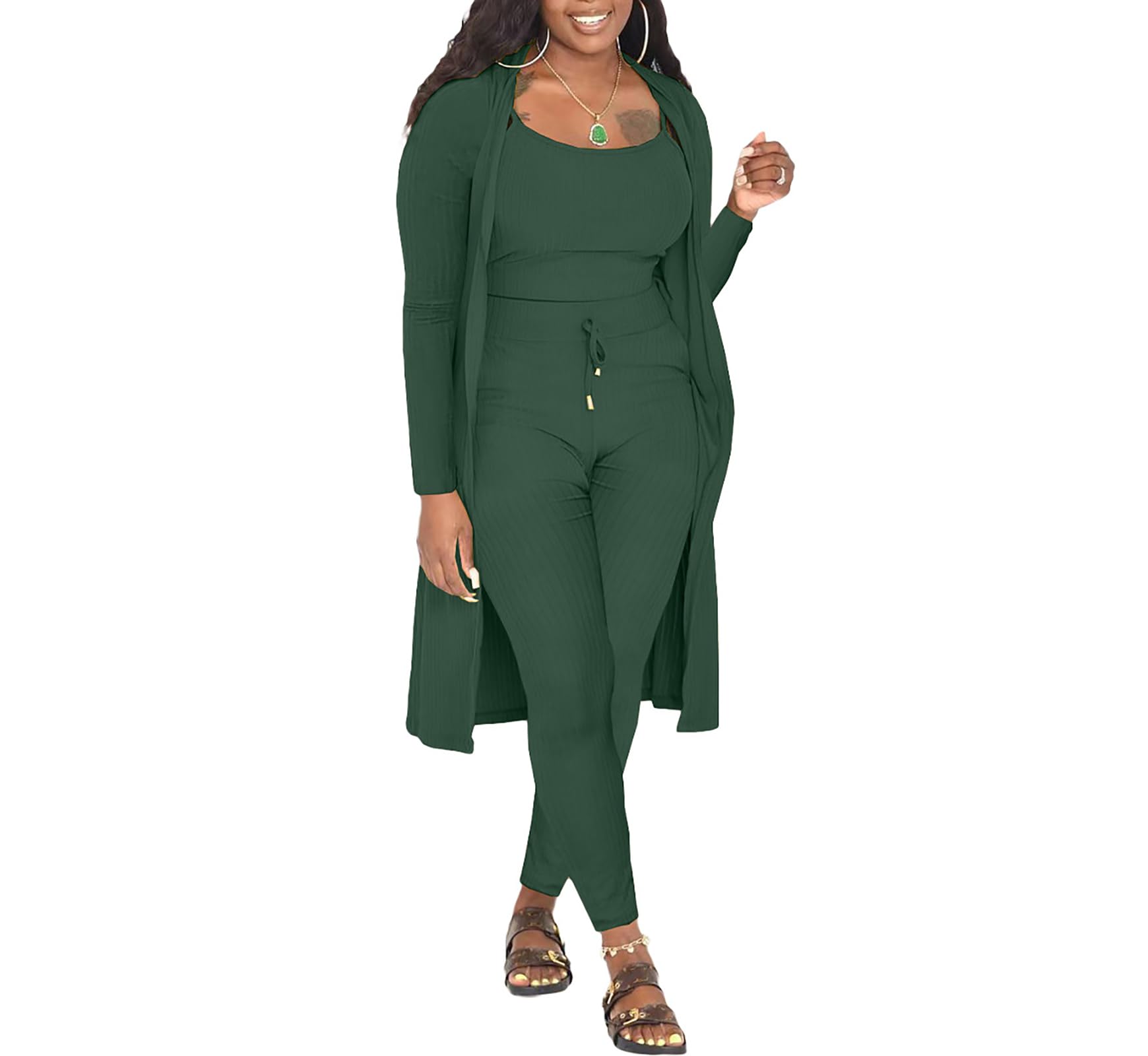 Vssjavun Conjunto de 3 piezas para mujer, acanalado, sin mangas, cárdigan largo, ombliguera, camiseta sin mangas, pantalones cortos, conjunto de sudadera, Deepgreen04, XXXL