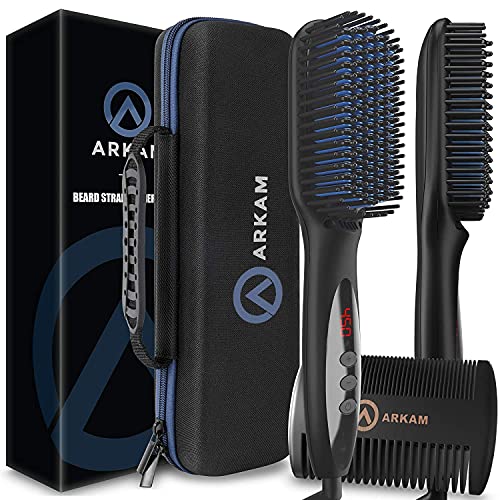 Arkam Deluxe Beard Straightener for Men – Ionic Beard Straightening Comb, Anti-Scald Feature, Hair Straightener for Men, Portable Beard Brush Straightener, Premium Travel Case & Beard Comb Included