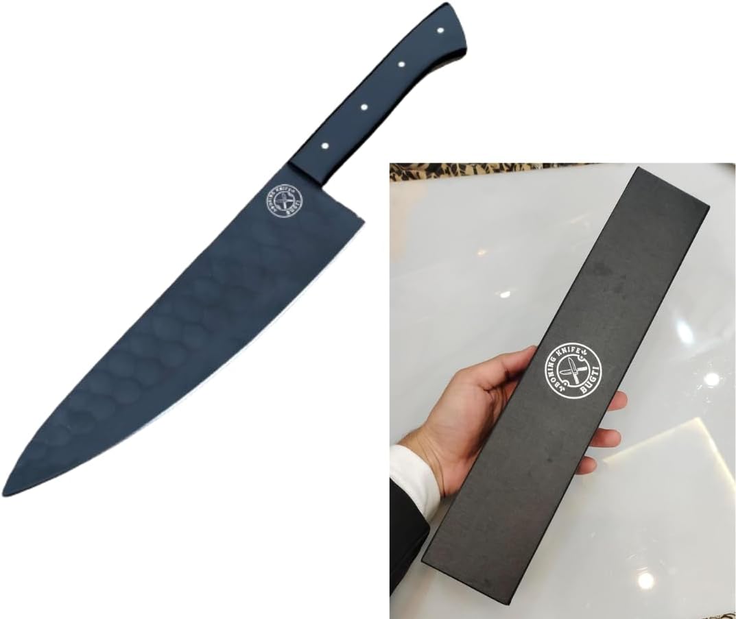 BUGTIHandmade Steel Black Powder Coated Chef's Knives and boning knife Include Leather Coverand steel shapner and gift box, Chef Knife,Boning knife, Home Chef Knife, Kitchen Knives