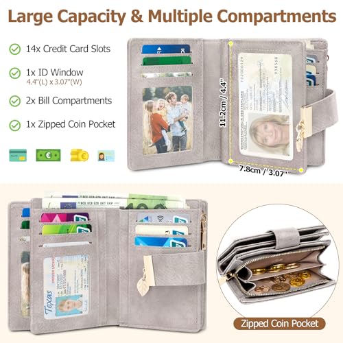WACCET Portefeuille Femme Petit, Porte Monnaie Femme avec Blocage RFID en Cuir PU Grande Capacité avec 14 Slots de Carte et Poche à Fermeture Éclair Pièces Court Porte Feuille pour Femmes – vue 2