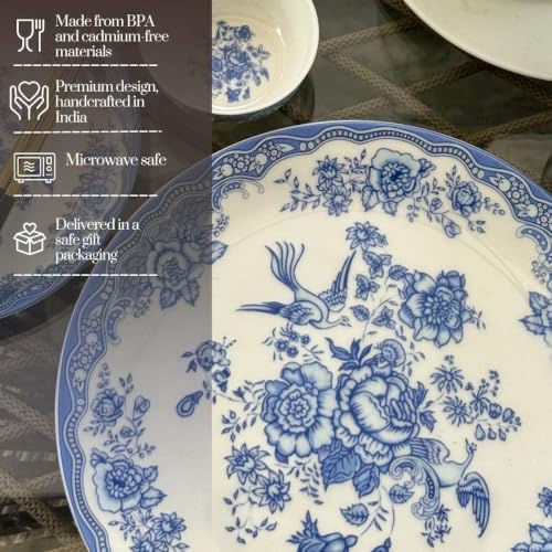 Image of GOLDEN QUEEN'S Handcrafted Dinner Plates: Set of 2 | Perfect for Hosting and Daily Meals | Microwave Safe Plates | 11 inch | Serves 2 - Vintage Blue Birds with Floral Border