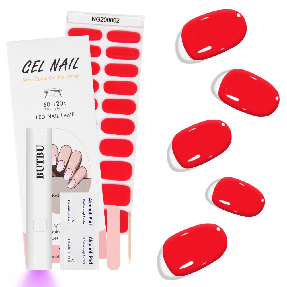 Unghie Gel Adesive UV, 20 Pezzi Smalto Adesivo per Unghie, UV Pellicola per Unghio Autoadesiva, con Lampada UV e Lima per unghie Attrezzo, per Unghie Arte DIY (Rosso)