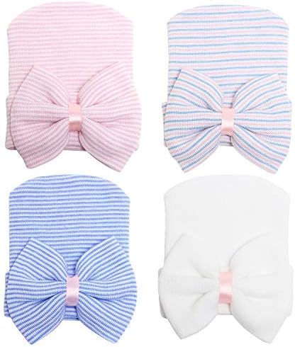 Zando Newborn Hospital Hat Toddler Beanie Baby Boy Girl Knot Headbands with Big Bows Infant Baby Nursery Caps White & Blue & Pink & Pink Blue White One Size