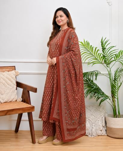 Image of GoSriKi Kurta Sets for Women Viscose Blend Printed | Kurti Set for Woman | Kurta Palazzo Dupatta Set | A Line Kurti | Mandarin Collar 3 /4 Sleeve Suit Set for Women Stylish Ethnic Outfit