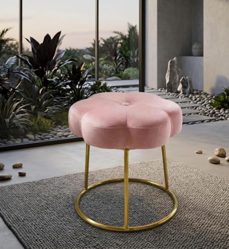 Image of Flower Ottoman Foot Stool for Bedroom and Living Room, Round Makeup Vanity Chair with Metal Legs and Soft Padded Seat-Pink
