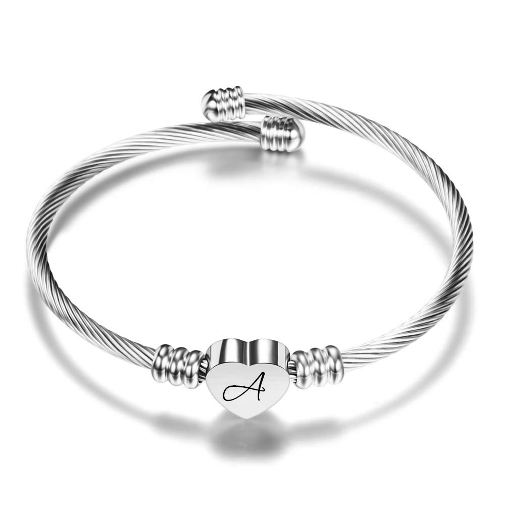 VQYSKOPulsera Mujer Corazón Inicial 26 Letras A-Z Grabado Laser Personalizadas Acero Inoxidable Regalo Sorpresa único（con Caja）