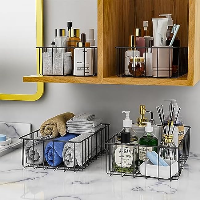 Joben Oligey 12 PACK (3 Szie) Small Wire Storage Baskets for Organizing,Pantry Organization Bins for Cabinets, Metal Basket for Kitchen, Bathroom Organizer (Black)