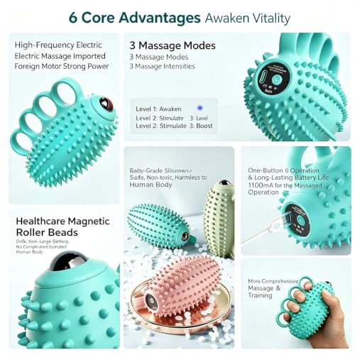 Image of Electric Hand Grip Strengthener Finger Exercise Ball, 3 Modes Vibration Therapy Ball with Magnetic Roller, Rechargeable Silicone Hand Squeeze Ball for Stroke Recovery, Arthritis, Carpal Tunnel & Stress Relief (1100mAh, 10Min Auto-Off)